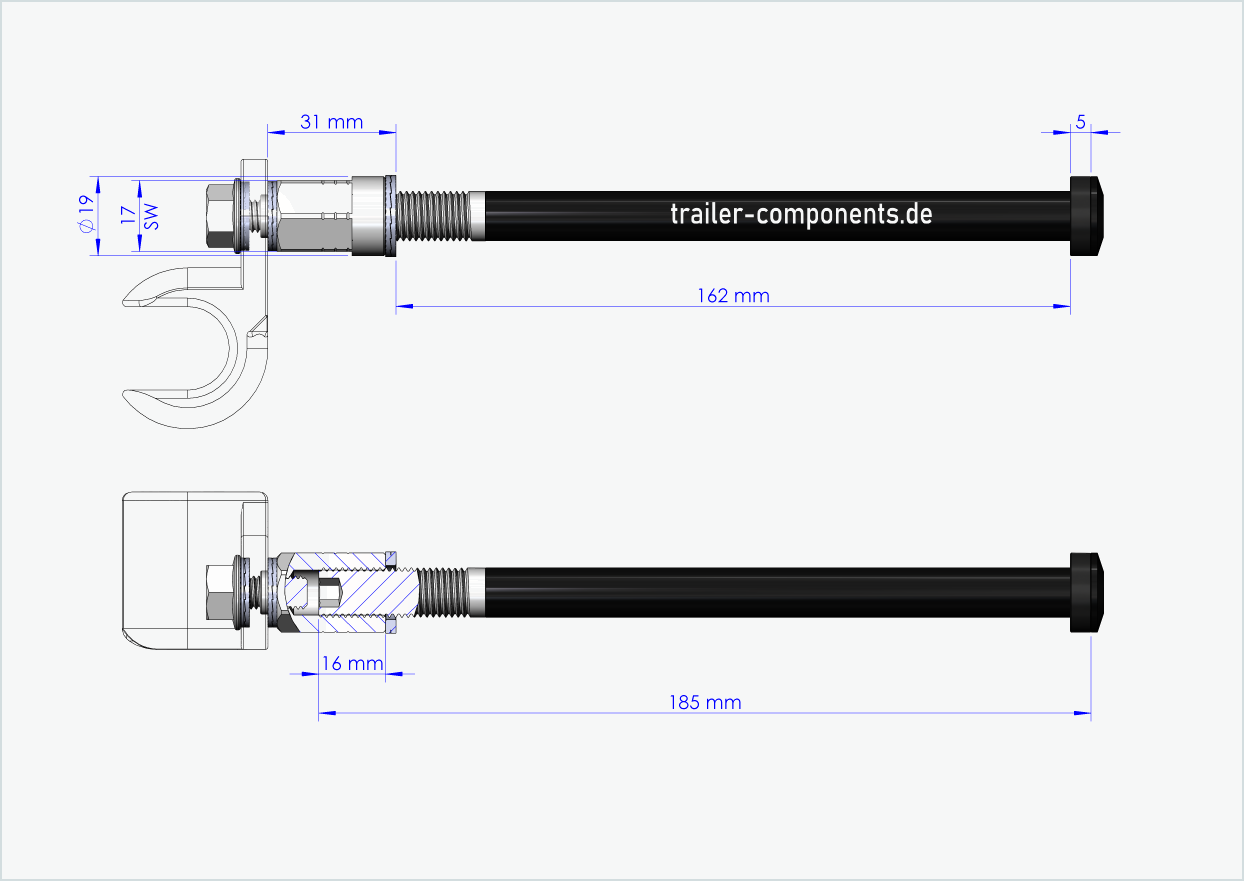 Universal genomgående axel med adapter för TOUT TERRAIN | för vänstergänga M12 x 1,50 - passar Thule, Qeridoo, Burley, Prophete, Hamax, Trixie och många fler.