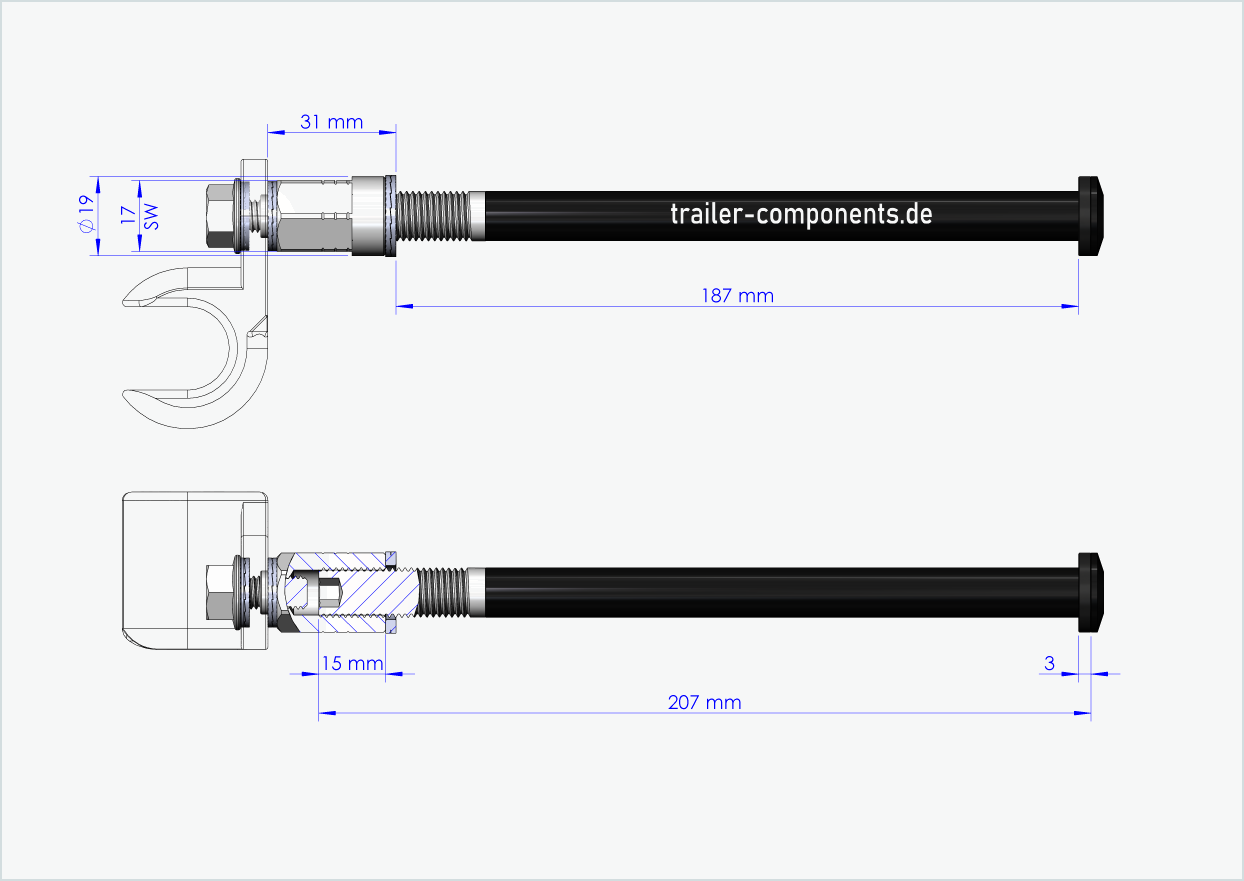 Universal genomgående axel med adapter för ORBEA | för vänstergänga M12 x 1,50 - passar Thule, Qeridoo, Burley, Prophete, Hamax, Trixie m.fl.