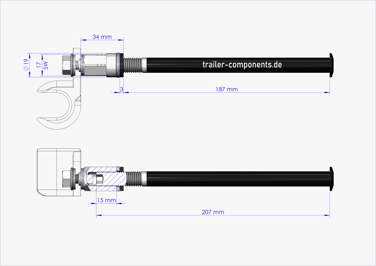 Universal genomgående axel med adapter för ORBEA | för vänstergänga M12 x 1,50 - passar Thule, Qeridoo, Burley, Prophete, Hamax, Trixie m.fl.